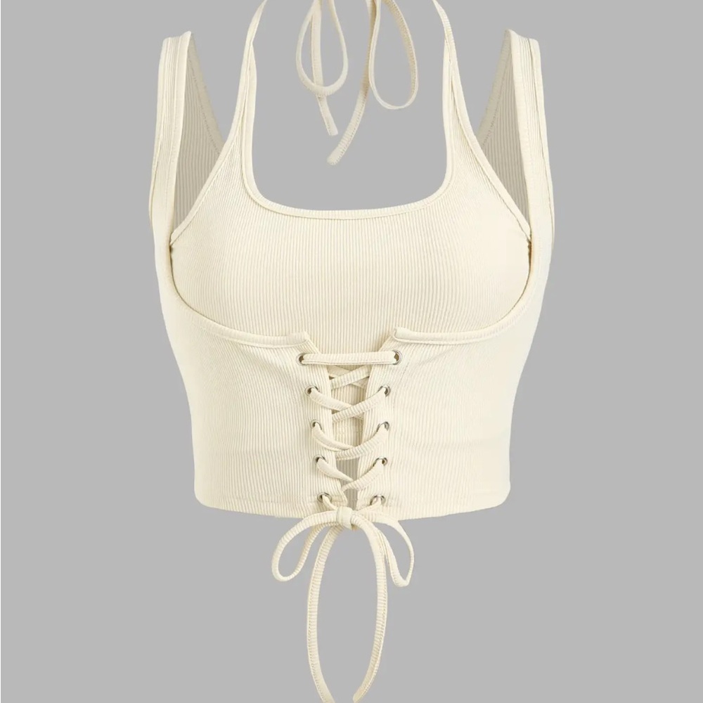 Cider Top - SOLID LACE UP RIB KNIT CROP CAMI TOP - Size Small